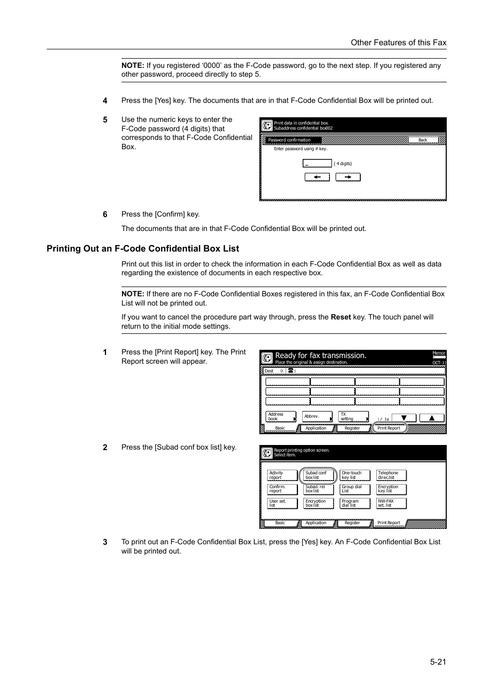 Printing out an f-code confidential box list, Printing out an f-code confidential box list -21, Other features of this fax 5-21 | Press the [subad conf box list] key, Ready for fax transmission | TA Triumph-Adler DCC 2520 User Manual | Page 123 / 242