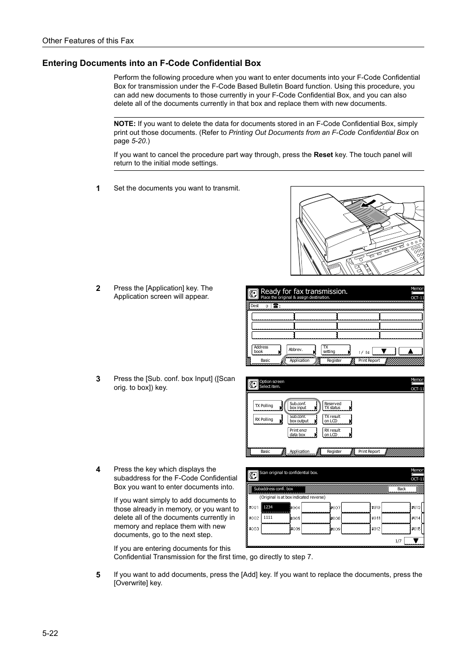 Entering documents into an f-code confidential box, Other features of this fax 5-22, Set the documents you want to transmit | Ready for fax transmission | TA Triumph-Adler DCC 2520 User Manual | Page 124 / 242