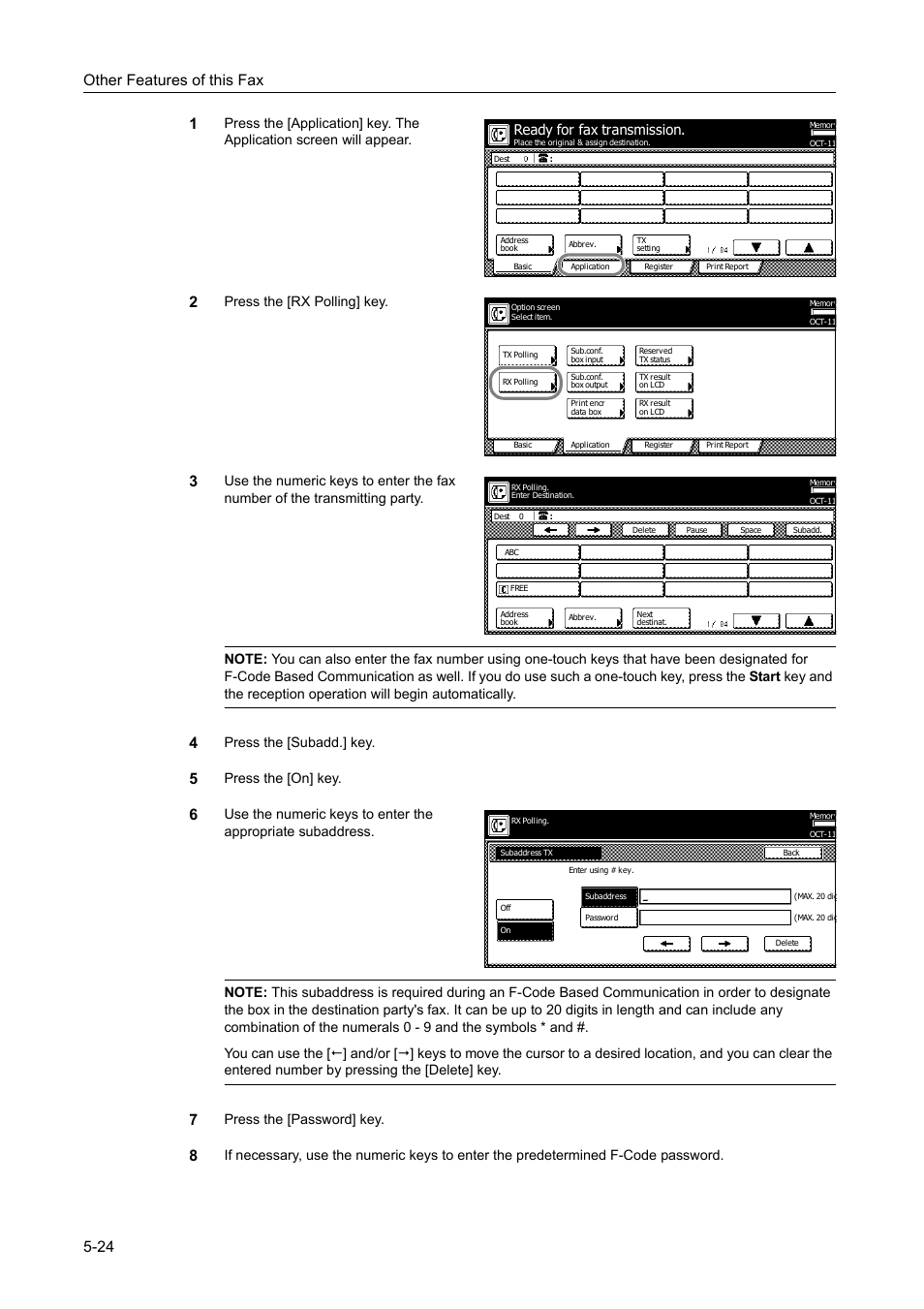 Other features of this fax 5-24 1, Press the [rx polling] key, Press the [subadd.] key | Press the [on] key, Press the [password] key, Ready for fax transmission | TA Triumph-Adler DCC 2520 User Manual | Page 126 / 242