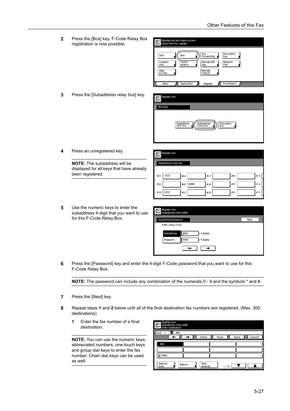 Other features of this fax 5-27 2, Press the [subaddress relay box] key, Press the [next] key | TA Triumph-Adler DCC 2520 User Manual | Page 129 / 242