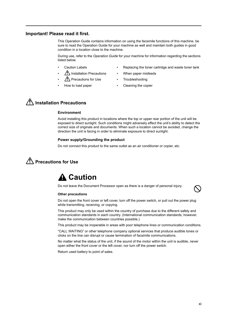 Caution, Important! please read it first, Installation precautions | Precautions for use | TA Triumph-Adler DCC 2520 User Manual | Page 13 / 242