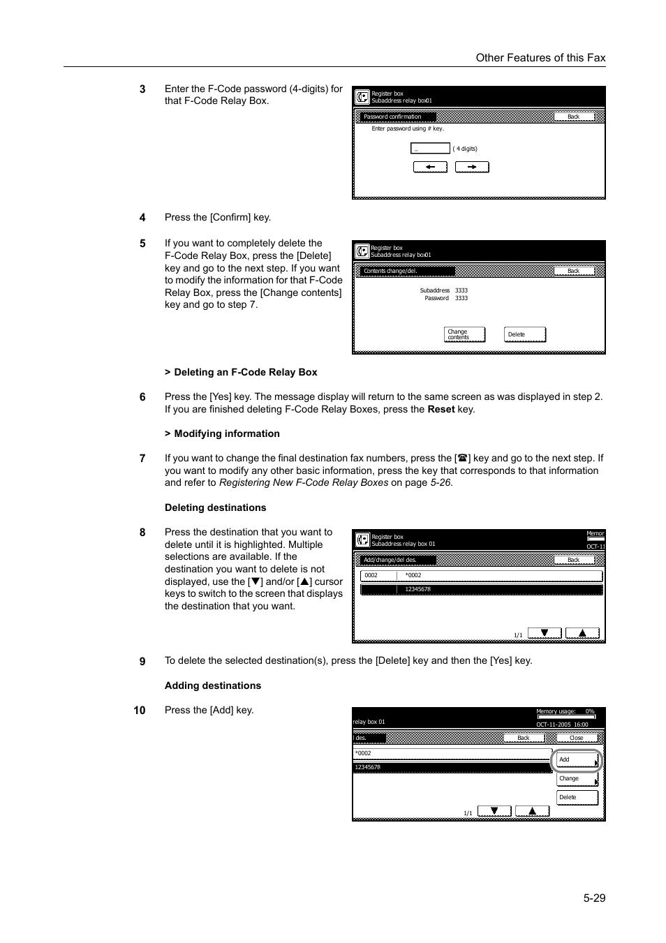 Other features of this fax 5-29 3, Press the [confirm] key, Press the [add] key | TA Triumph-Adler DCC 2520 User Manual | Page 131 / 242