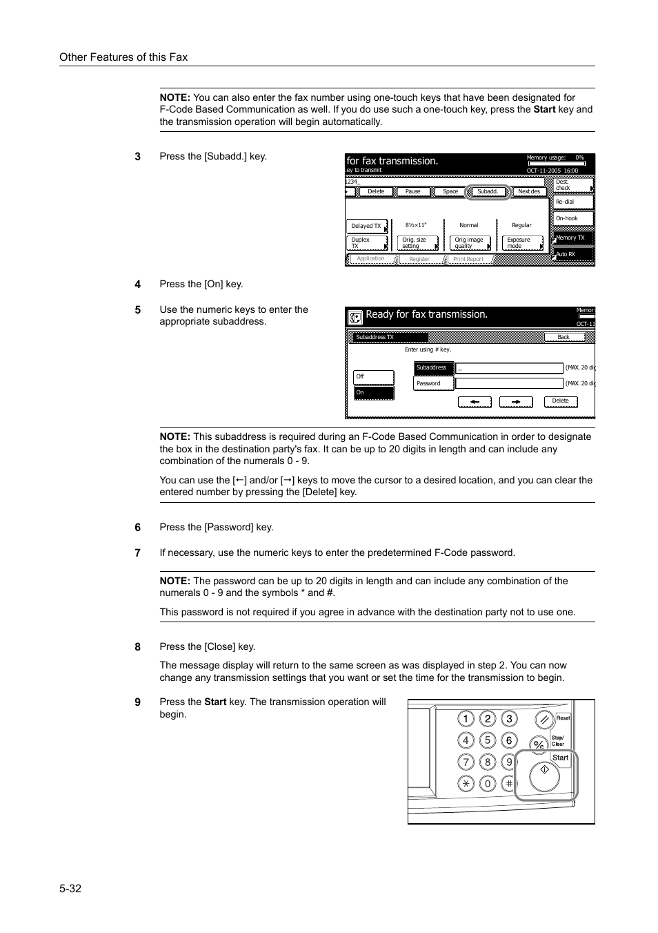 Other features of this fax 5-32, Press the [subadd.] key, Press the [on] key | Press the [password] key, For fax transmission, Ready for fax transmission | TA Triumph-Adler DCC 2520 User Manual | Page 134 / 242