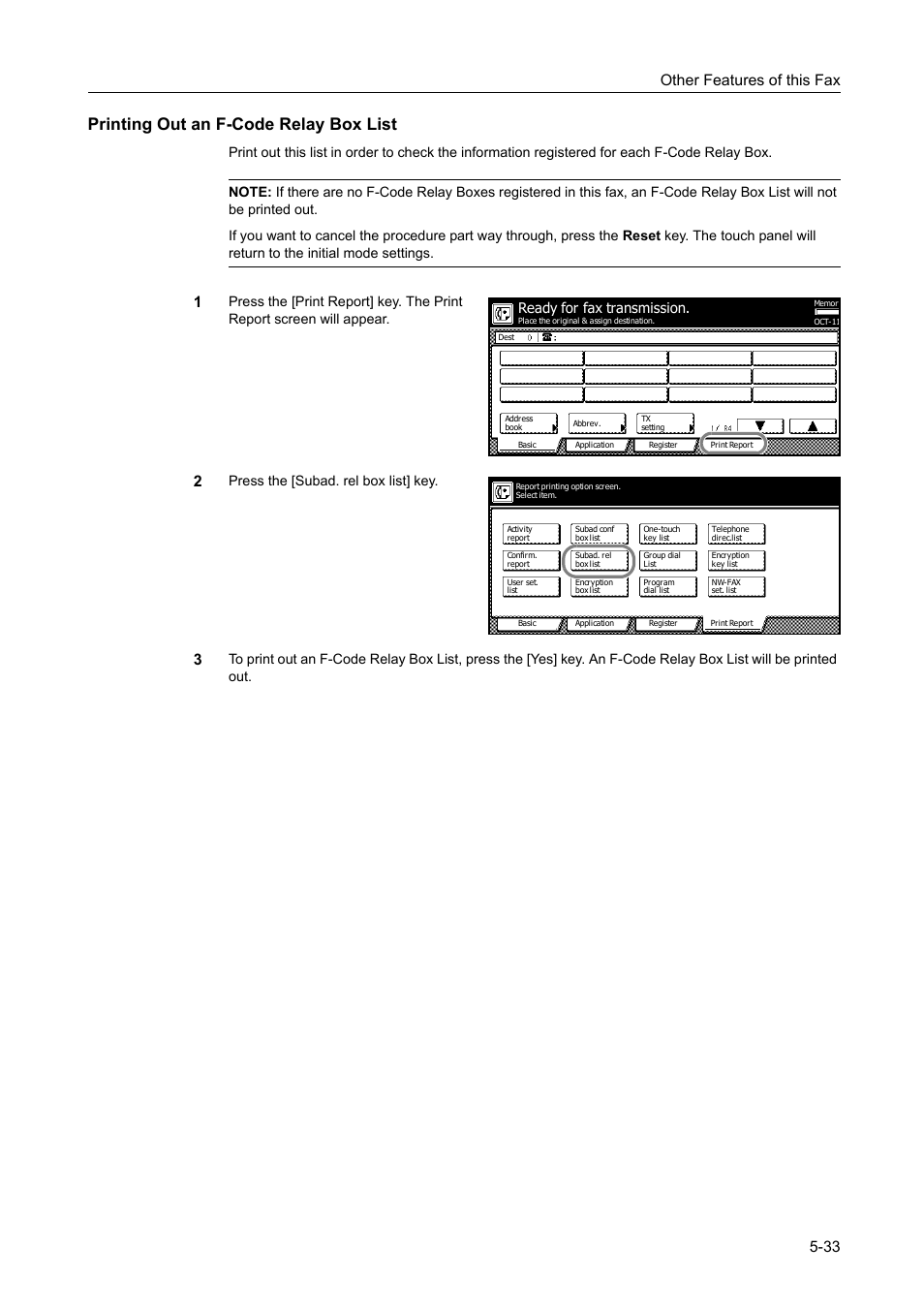 Printing out an f-code relay box list, Printing out an f-code relay box list -33, Other features of this fax 5-33 | Press the [subad. rel box list] key, Ready for fax transmission | TA Triumph-Adler DCC 2520 User Manual | Page 135 / 242