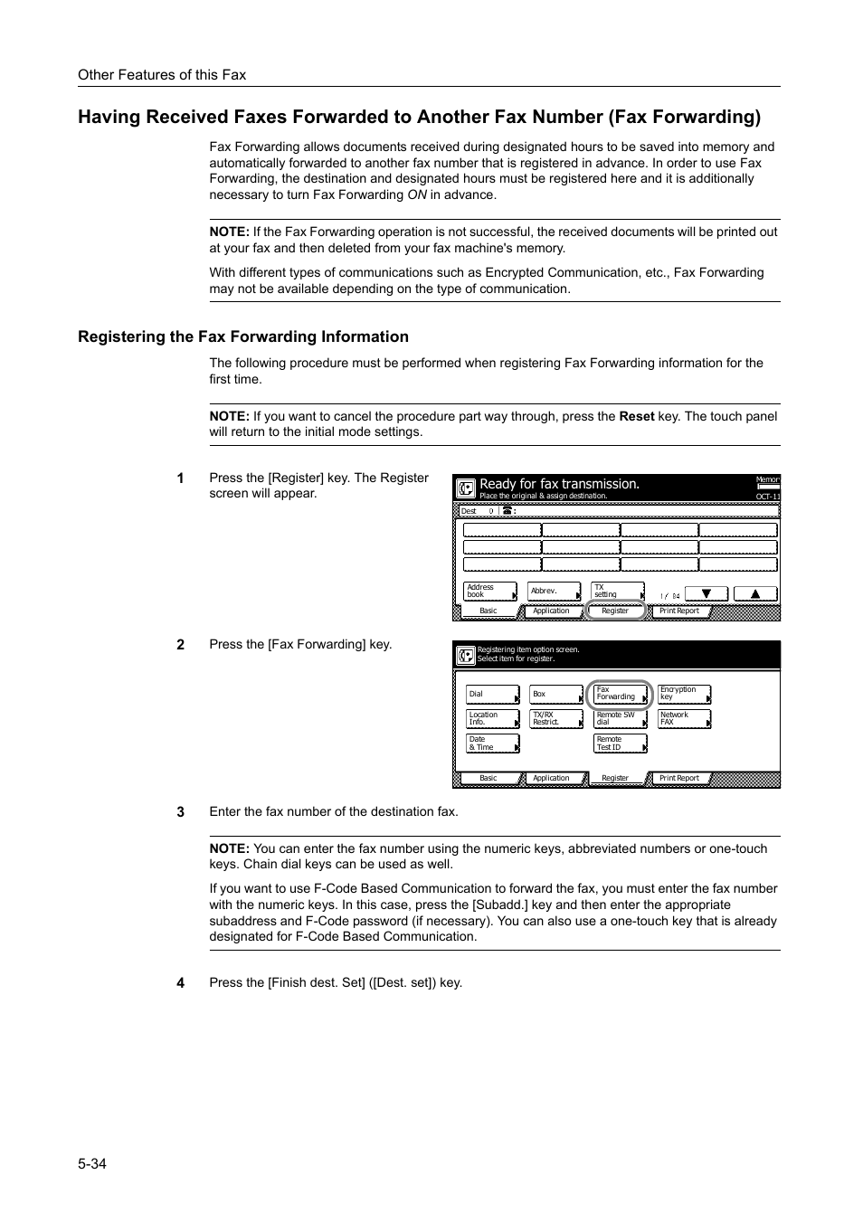 Registering the fax forwarding information, Registering the fax forwarding information -34, Other features of this fax 5-34 | Press the [fax forwarding] key, Press the [finish dest. set] ([dest. set]) key, Ready for fax transmission | TA Triumph-Adler DCC 2520 User Manual | Page 136 / 242