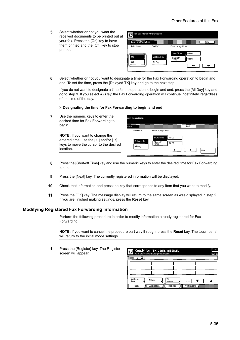 Modifying registered fax forwarding information, Other features of this fax 5-35 5, Ready for fax transmission | TA Triumph-Adler DCC 2520 User Manual | Page 137 / 242