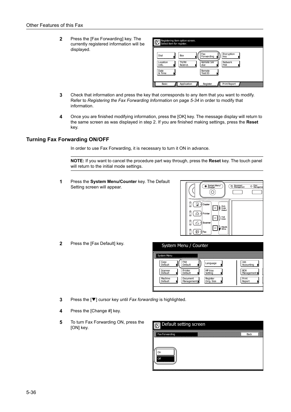 Turning fax forwarding on/off, Turning fax forwarding on/off -36, Other features of this fax 5-36 2 | Press the [fax default] key, Press the [change #] key, System menu / counter, Default setting screen | TA Triumph-Adler DCC 2520 User Manual | Page 138 / 242