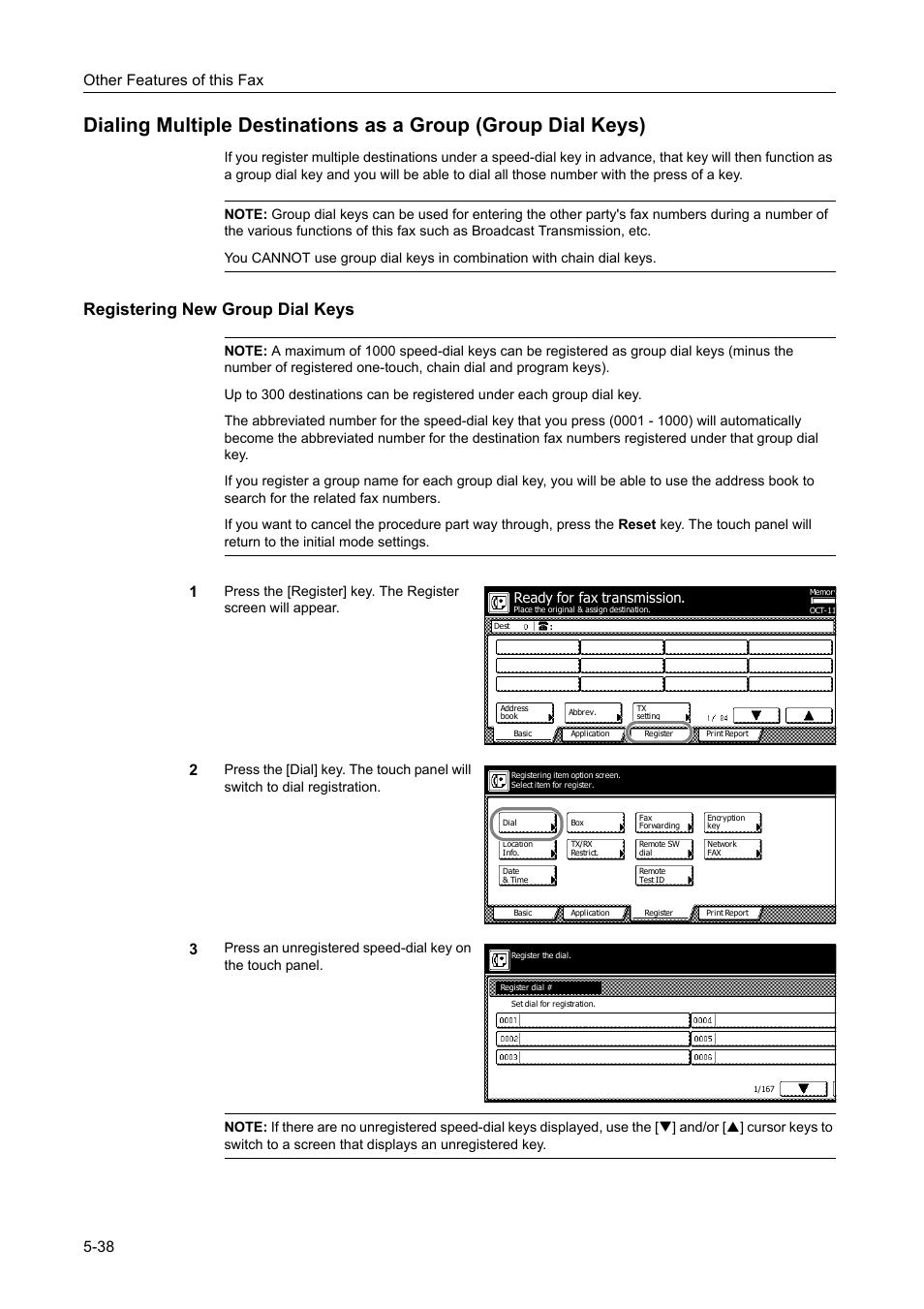 Registering new group dial keys, Registering new group dial keys -38, Other features of this fax 5-38 | Ready for fax transmission | TA Triumph-Adler DCC 2520 User Manual | Page 140 / 242