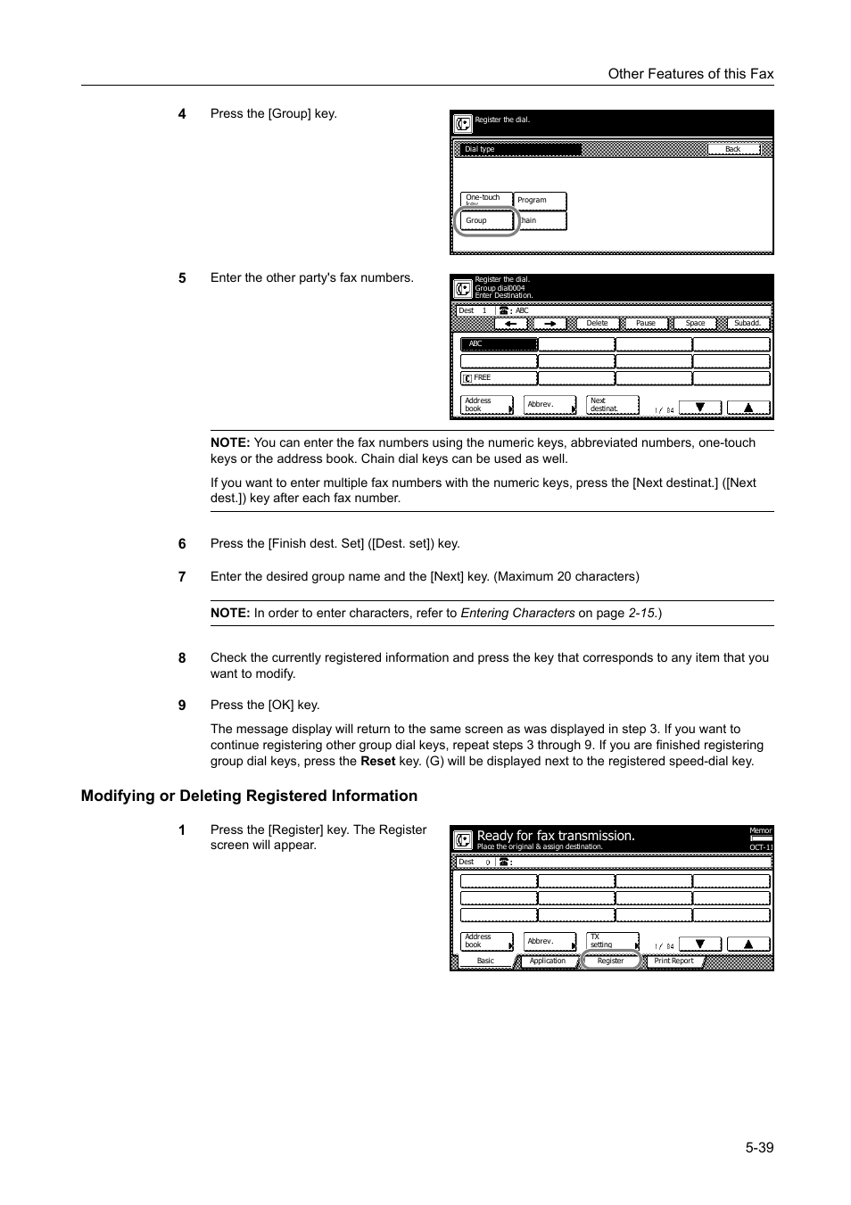 Modifying or deleting registered information, Modifying or deleting registered information -39, Other features of this fax 5-39 4 | Press the [group] key, Press the [finish dest. set] ([dest. set]) key, Ready for fax transmission | TA Triumph-Adler DCC 2520 User Manual | Page 141 / 242
