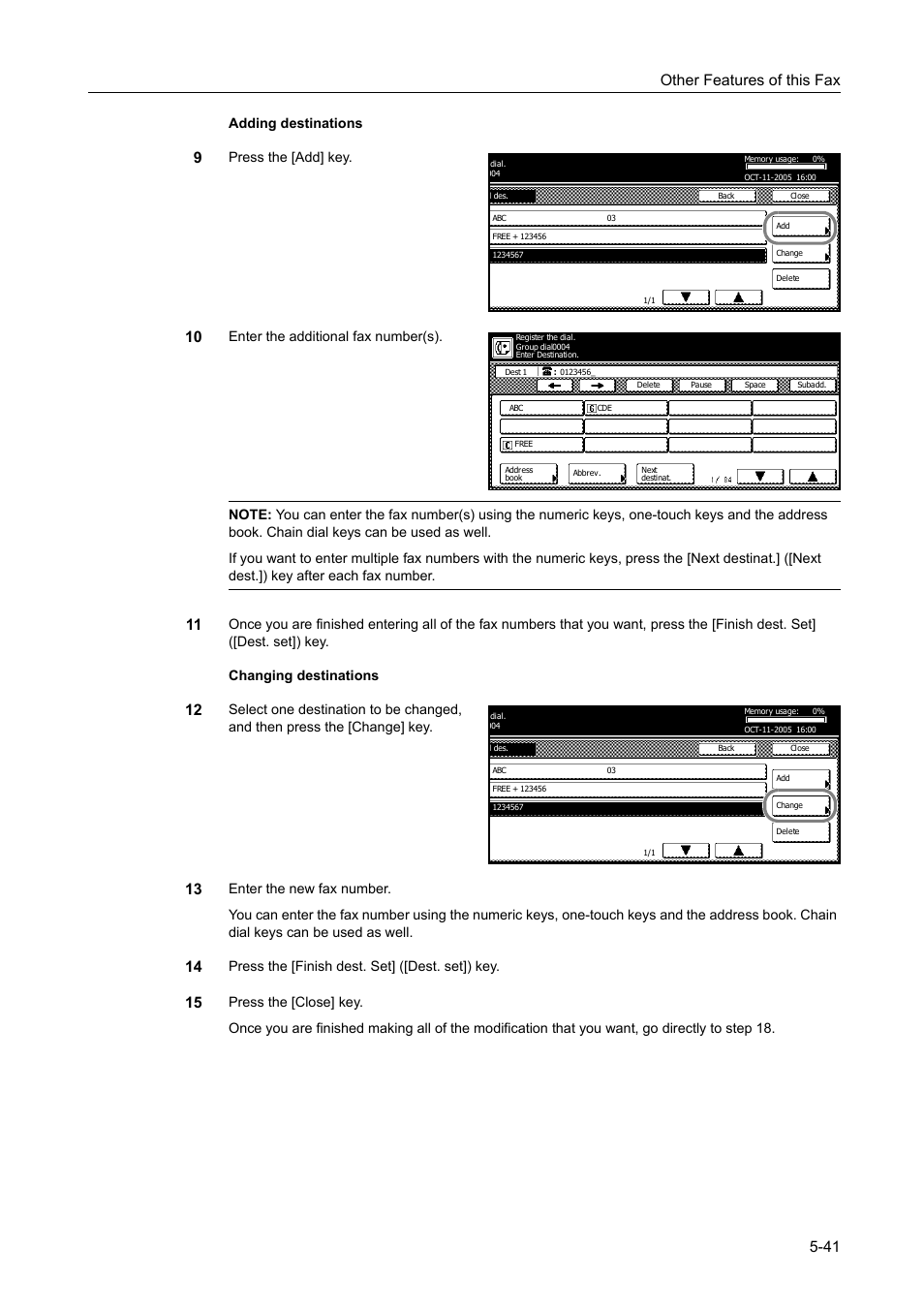 Other features of this fax 5-41, Adding destinations, Press the [add] key | Press the [finish dest. set] ([dest. set]) key | TA Triumph-Adler DCC 2520 User Manual | Page 143 / 242