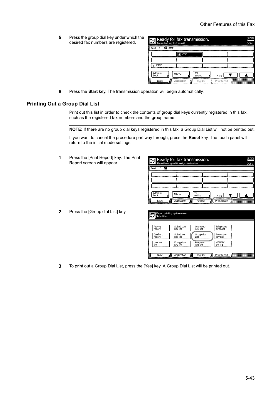 Printing out a group dial list, Printing out a group dial list -43, Other features of this fax 5-43 5 | Press the [group dial list] key, Ready for fax transmission | TA Triumph-Adler DCC 2520 User Manual | Page 145 / 242