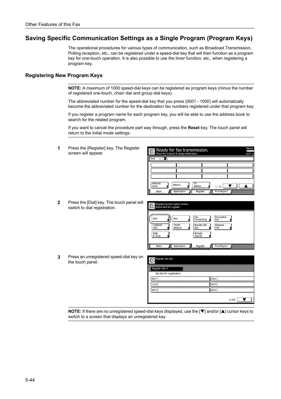 Registering new program keys, Registering new program keys -44, Other features of this fax 5-44 | Ready for fax transmission | TA Triumph-Adler DCC 2520 User Manual | Page 146 / 242