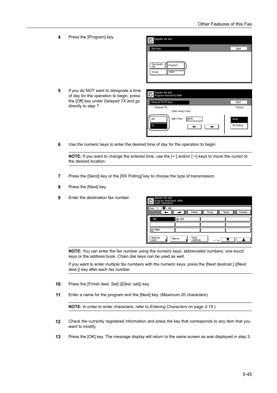 Other features of this fax 5-45 4, Press the [program] key, Press the [next] key | Press the [finish dest. set] ([dest. set]) key | TA Triumph-Adler DCC 2520 User Manual | Page 147 / 242