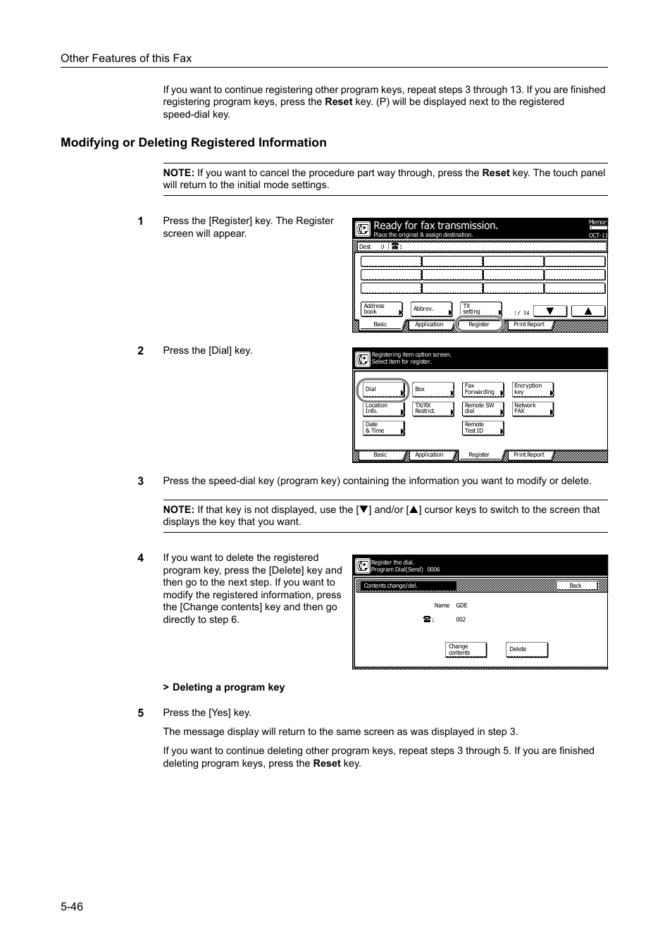 Modifying or deleting registered information, Modifying or deleting registered information -46, Other features of this fax 5-46 | Press the [dial] key, Ready for fax transmission | TA Triumph-Adler DCC 2520 User Manual | Page 148 / 242