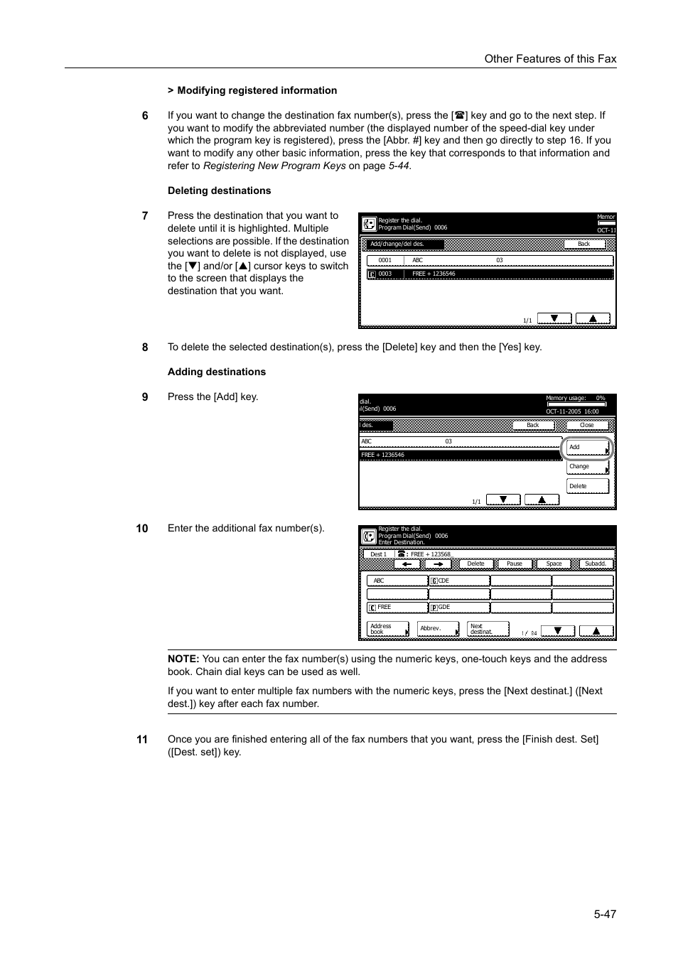 Other features of this fax 5-47, Modifying registered information, Press the [add] key | TA Triumph-Adler DCC 2520 User Manual | Page 149 / 242