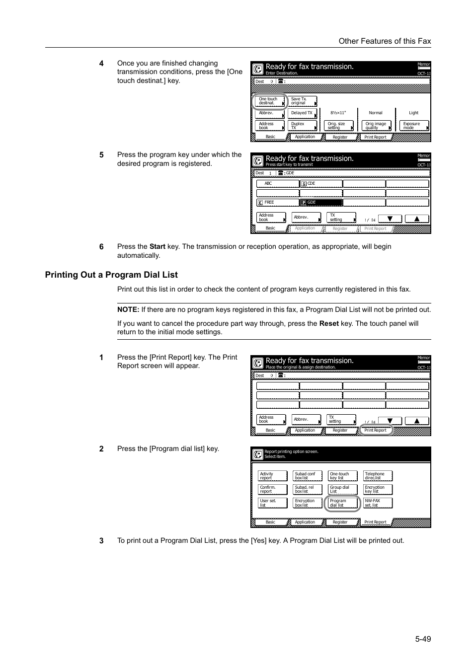 Printing out a program dial list, Printing out a program dial list -49, Other features of this fax 5-49 4 | Press the [program dial list] key, Ready for fax transmission | TA Triumph-Adler DCC 2520 User Manual | Page 151 / 242