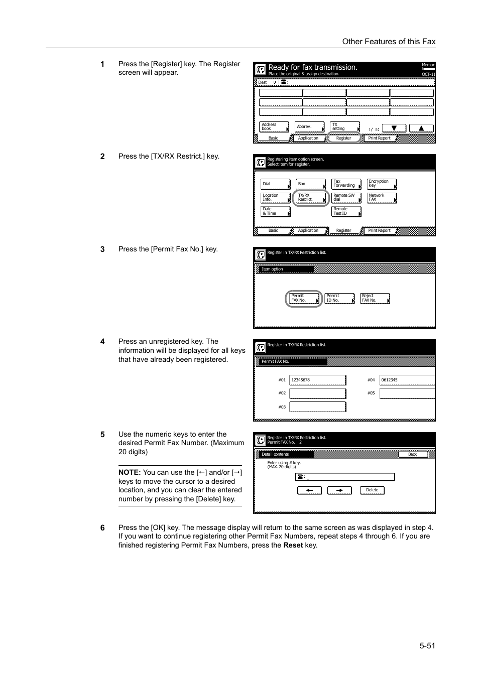 Other features of this fax 5-51 1, Press the [tx/rx restrict.] key, Press the [permit fax no.] key | Ready for fax transmission | TA Triumph-Adler DCC 2520 User Manual | Page 153 / 242