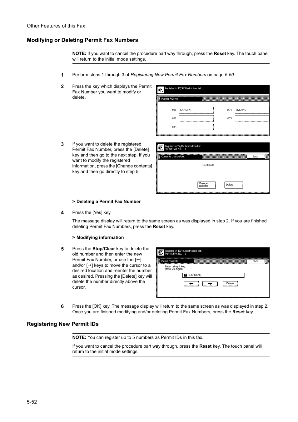 Modifying or deleting permit fax numbers, Registering new permit ids, Other features of this fax 5-52 | TA Triumph-Adler DCC 2520 User Manual | Page 154 / 242