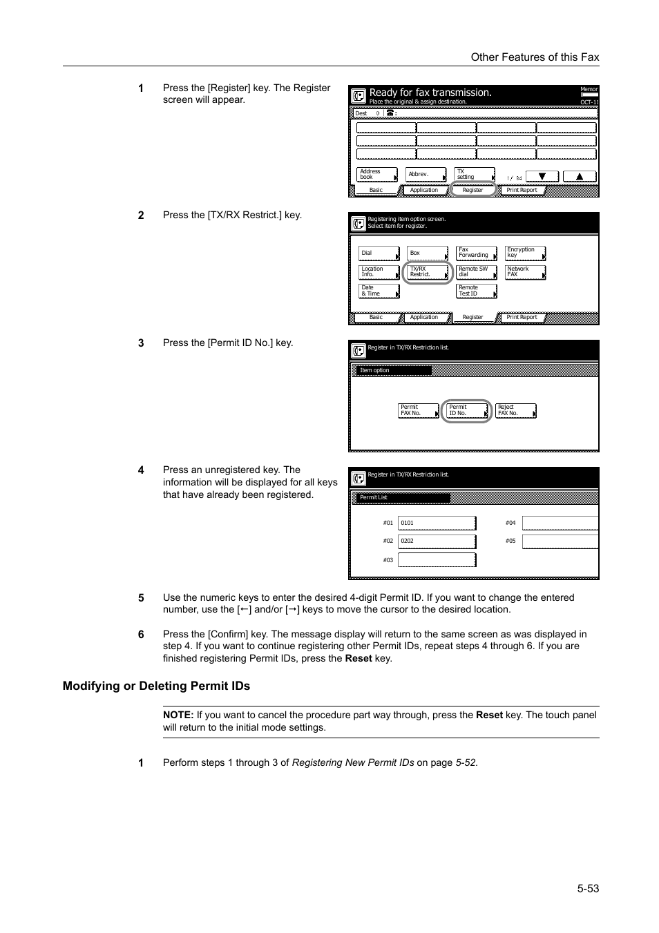 Modifying or deleting permit ids, Modifying or deleting permit ids -53, Other features of this fax 5-53 1 | Press the [tx/rx restrict.] key, Press the [permit id no.] key, Ready for fax transmission | TA Triumph-Adler DCC 2520 User Manual | Page 155 / 242