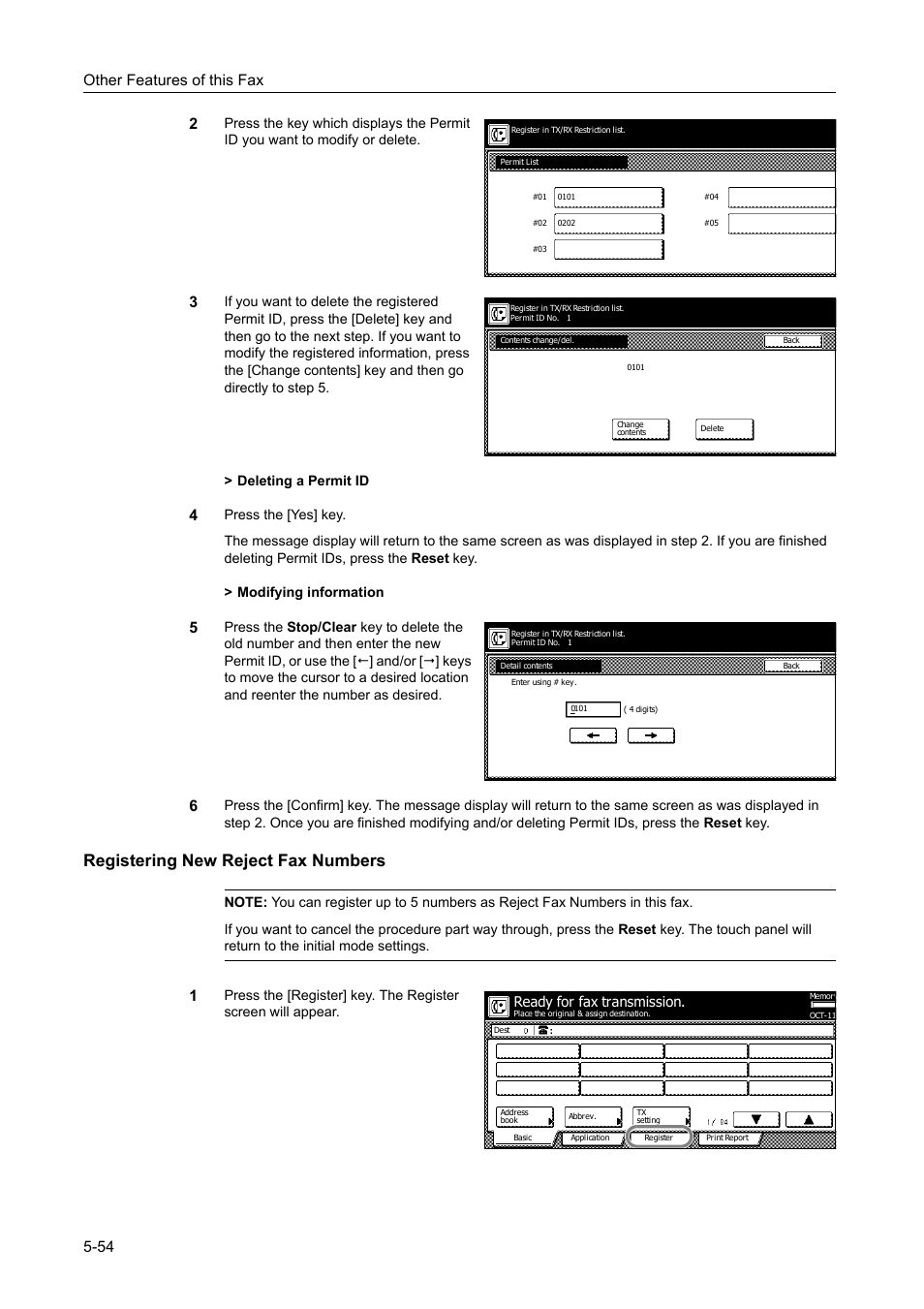 Registering new reject fax numbers, Registering new reject fax numbers -54, Other features of this fax 5-54 2 | Ready for fax transmission | TA Triumph-Adler DCC 2520 User Manual | Page 156 / 242