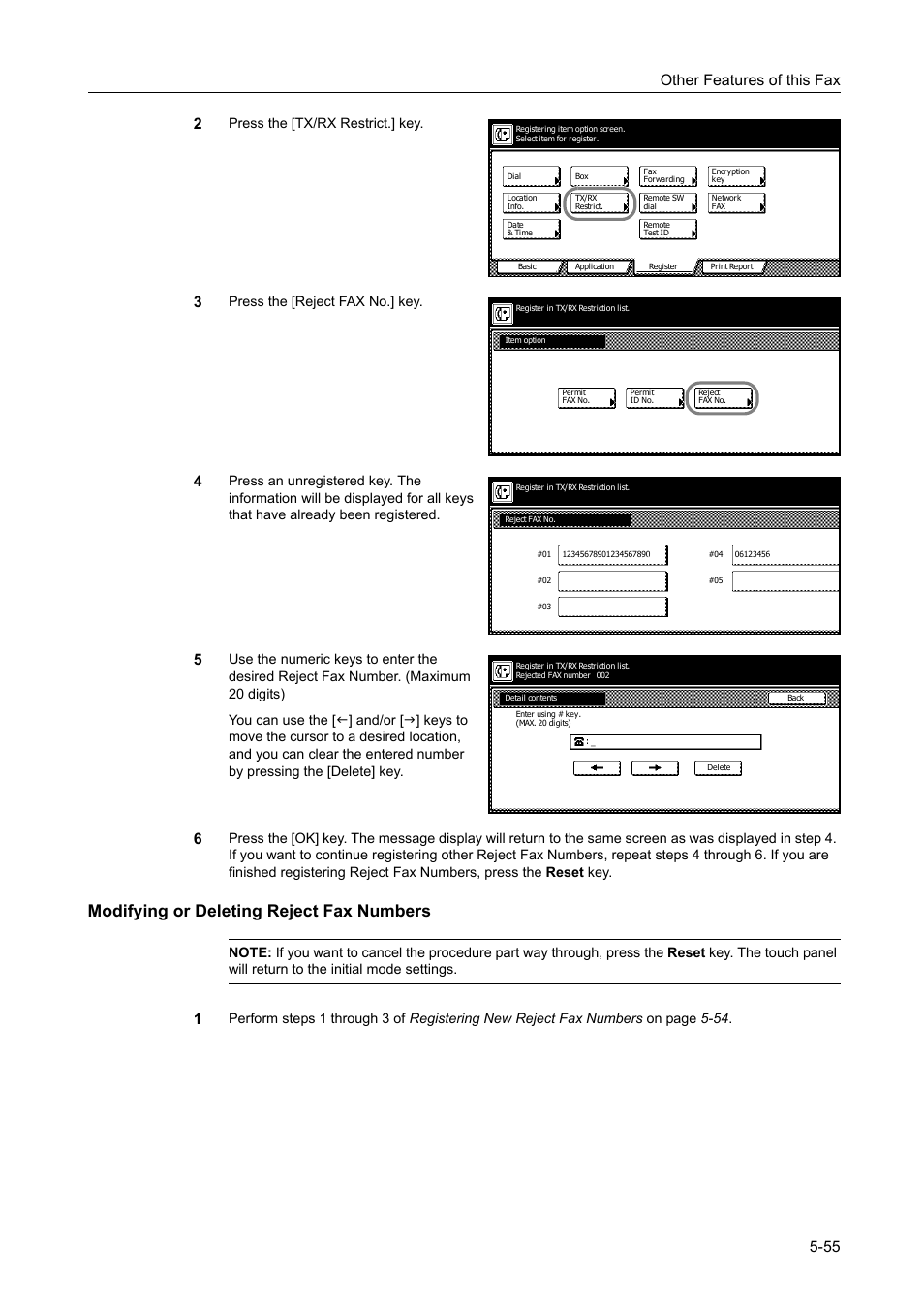 Modifying or deleting reject fax numbers, Modifying or deleting reject fax numbers -55, Other features of this fax 5-55 2 | Press the [tx/rx restrict.] key, Press the [reject fax no.] key | TA Triumph-Adler DCC 2520 User Manual | Page 157 / 242