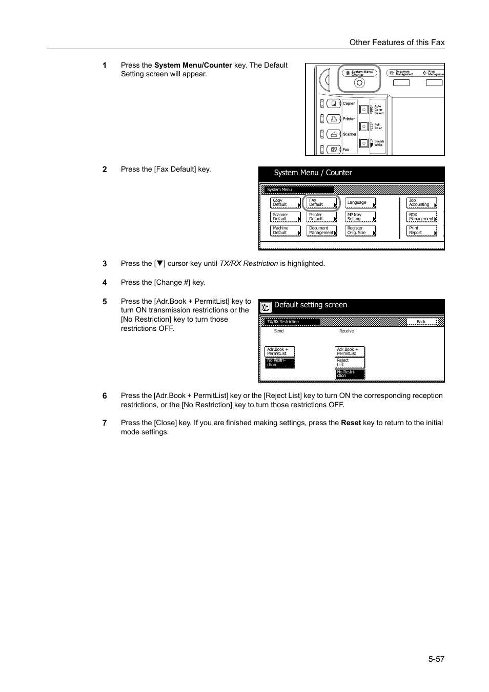 Other features of this fax 5-57 1, Press the [fax default] key, Press the [change #] key | System menu / counter, Default setting screen | TA Triumph-Adler DCC 2520 User Manual | Page 159 / 242