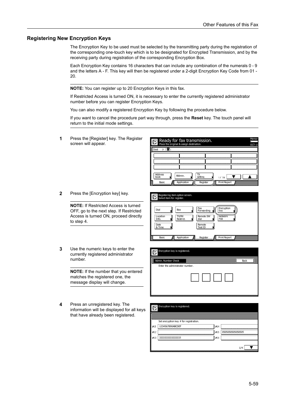 Registering new encryption keys, Registering new encryption keys -59, Other features of this fax 5-59 | Ready for fax transmission | TA Triumph-Adler DCC 2520 User Manual | Page 161 / 242