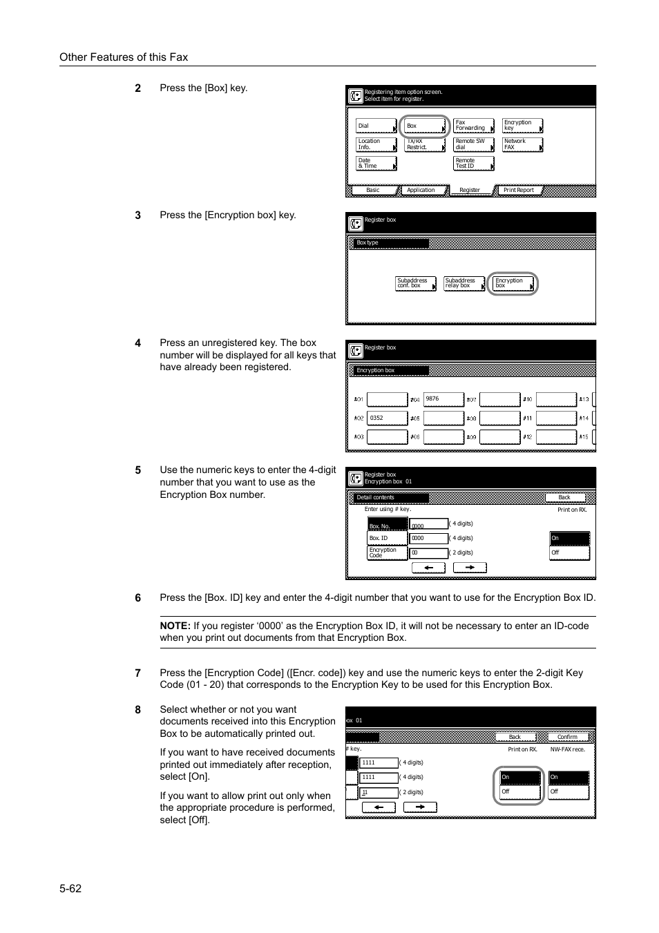 Other features of this fax 5-62 2, Press the [box] key, Press the [encryption box] key | TA Triumph-Adler DCC 2520 User Manual | Page 164 / 242