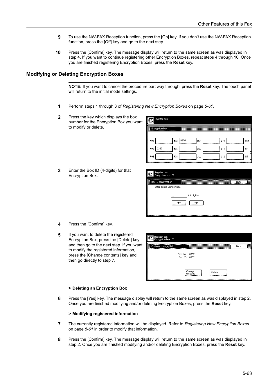 Modifying or deleting encryption boxes, Modifying or deleting encryption boxes -63, Other features of this fax 5-63 9 | TA Triumph-Adler DCC 2520 User Manual | Page 165 / 242