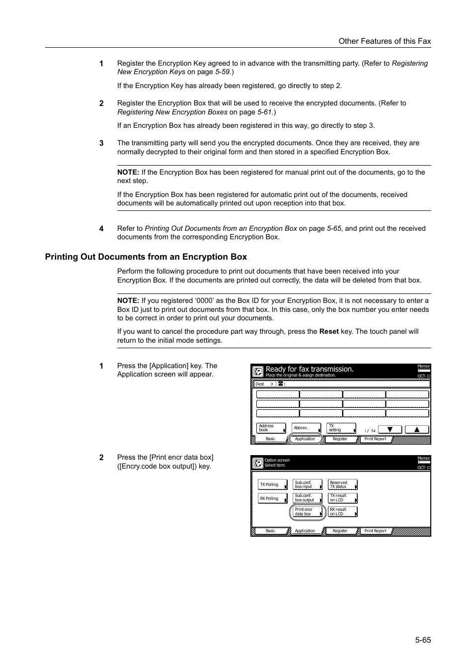 Printing out documents from an encryption box, Printing out documents from an encryption box -65, Other features of this fax 5-65 1 | TA Triumph-Adler DCC 2520 User Manual | Page 167 / 242
