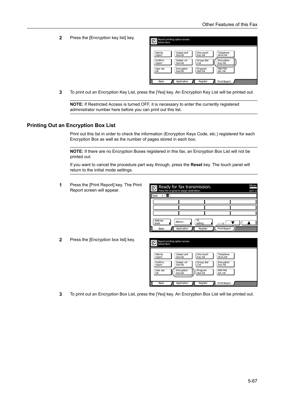 Printing out an encryption box list, Printing out an encryption box list -67, Other features of this fax 5-67 2 | Press the [encryption key list] key, Press the [encryption box list] key, Ready for fax transmission | TA Triumph-Adler DCC 2520 User Manual | Page 169 / 242