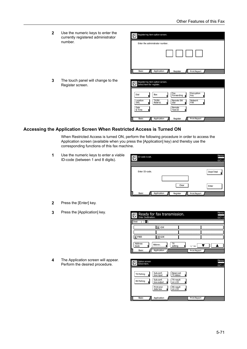 Other features of this fax 5-71 2, The touch panel will change to the register screen, Press the [enter] key | Press the [application] key, Ready for fax transmission | TA Triumph-Adler DCC 2520 User Manual | Page 173 / 242