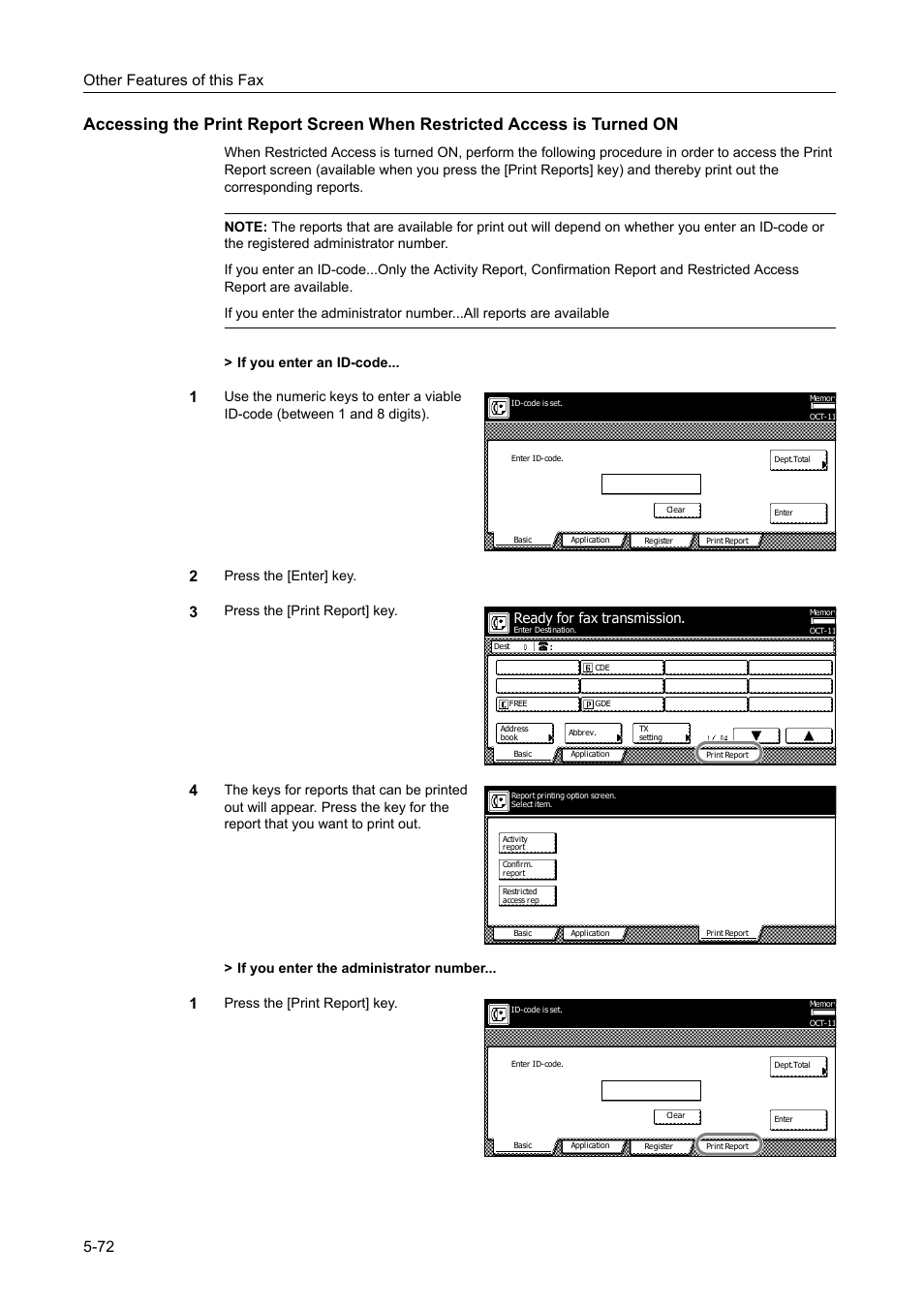 Other features of this fax 5-72, Press the [enter] key, Press the [print report] key | Ready for fax transmission | TA Triumph-Adler DCC 2520 User Manual | Page 174 / 242