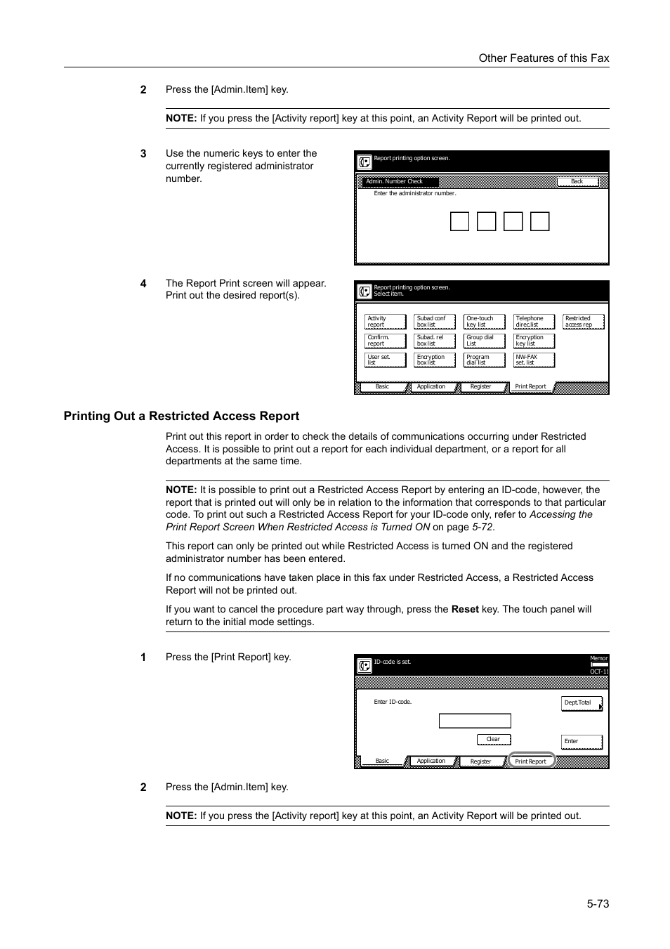 Printing out a restricted access report, Printing out a restricted access report -73, Other features of this fax 5-73 2 | Press the [print report] key | TA Triumph-Adler DCC 2520 User Manual | Page 175 / 242