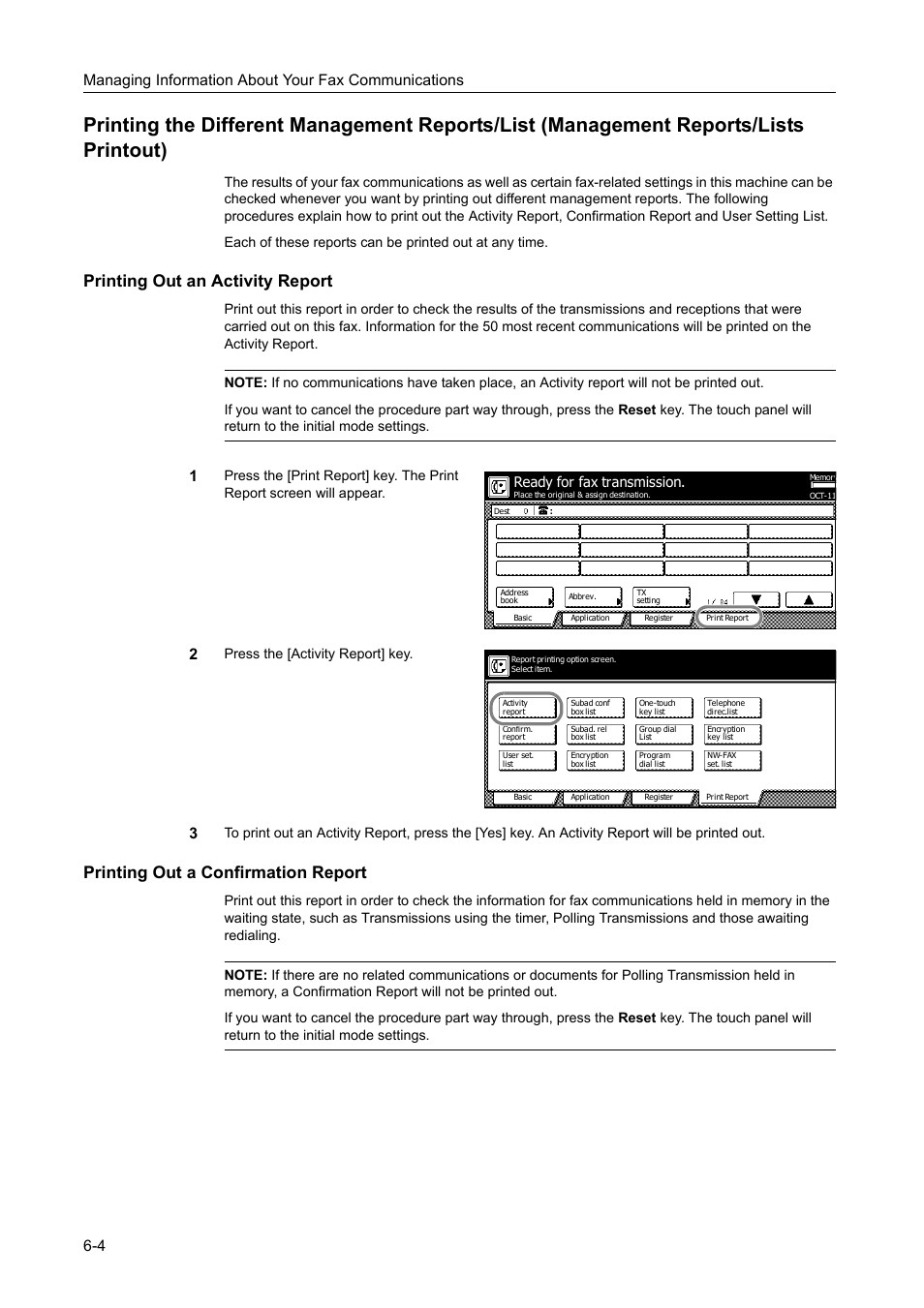 Printing out an activity report, Printing out a confirmation report, Press the [activity report] key | Ready for fax transmission | TA Triumph-Adler DCC 2520 User Manual | Page 180 / 242