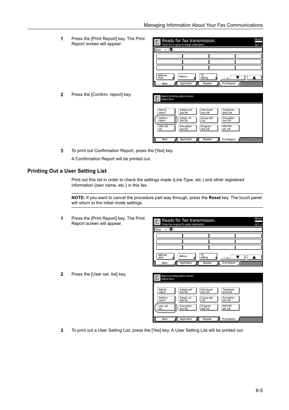 Printing out a user setting list, Printing out a user setting list -5, Press the [confirm. report] key | Press the [user set. list] key, Ready for fax transmission | TA Triumph-Adler DCC 2520 User Manual | Page 181 / 242
