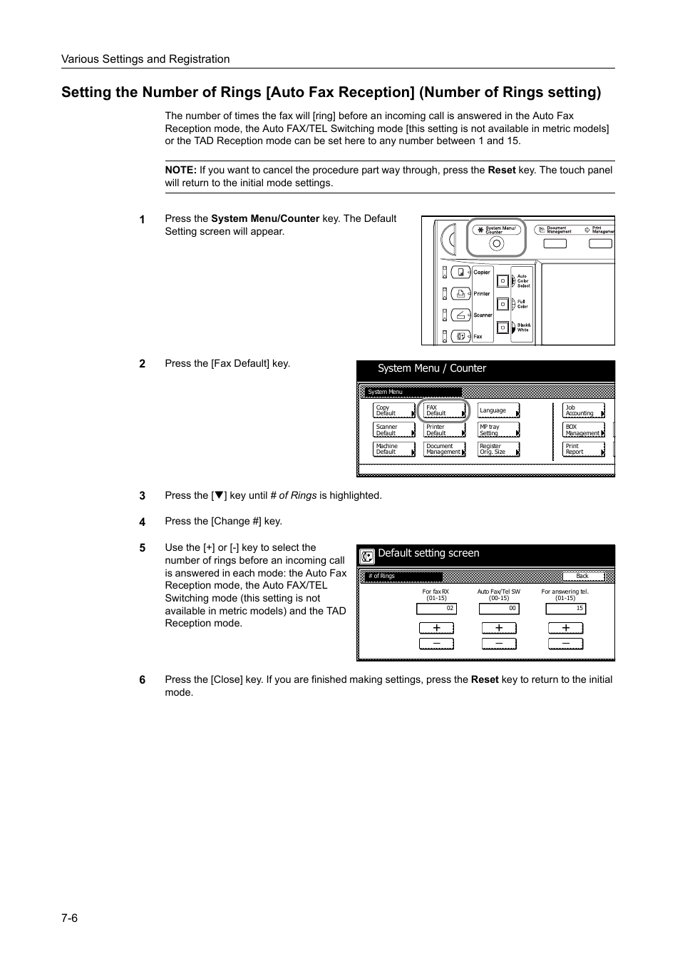 Various settings and registration 7-6, Press the [fax default] key, Press the [t] key until # of rings is highlighted | Press the [change #] key, System menu / counter, Default setting screen | TA Triumph-Adler DCC 2520 User Manual | Page 188 / 242