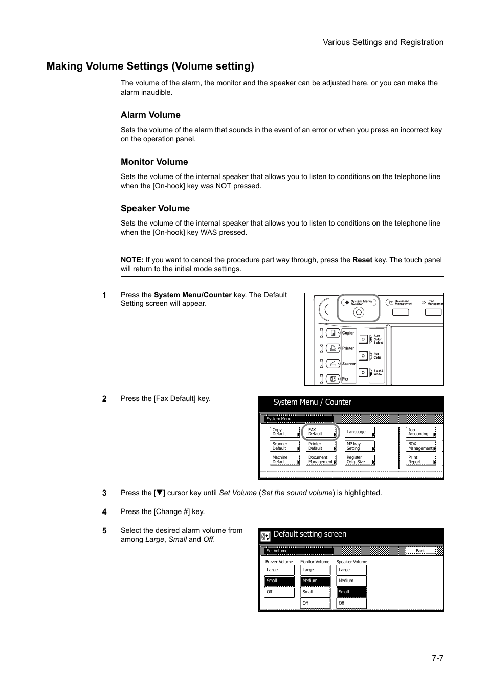 Making volume settings (volume setting), Making volume settings (volume setting) -7, Alarm volume | Monitor volume, Speaker volume, Various settings and registration 7-7, Press the [fax default] key, Press the [change #] key, System menu / counter, Default setting screen | TA Triumph-Adler DCC 2520 User Manual | Page 189 / 242