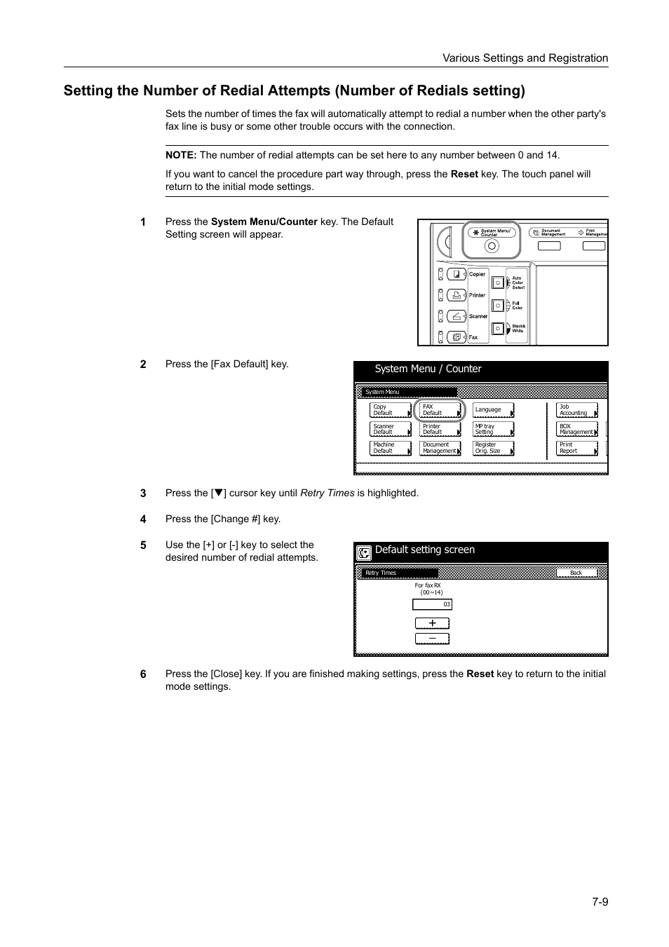 Various settings and registration 7-9, Press the [fax default] key, Press the [change #] key | System menu / counter default setting screen | TA Triumph-Adler DCC 2520 User Manual | Page 191 / 242