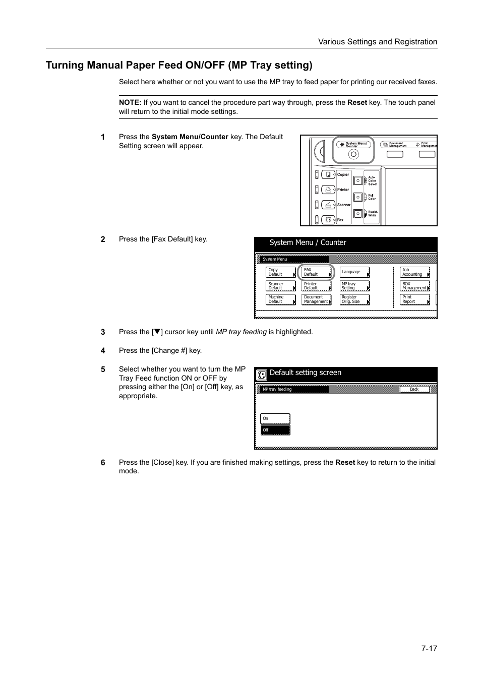 Turning manual paper feed on/off (mp tray setting), Various settings and registration 7-17 | TA Triumph-Adler DCC 2520 User Manual | Page 199 / 242