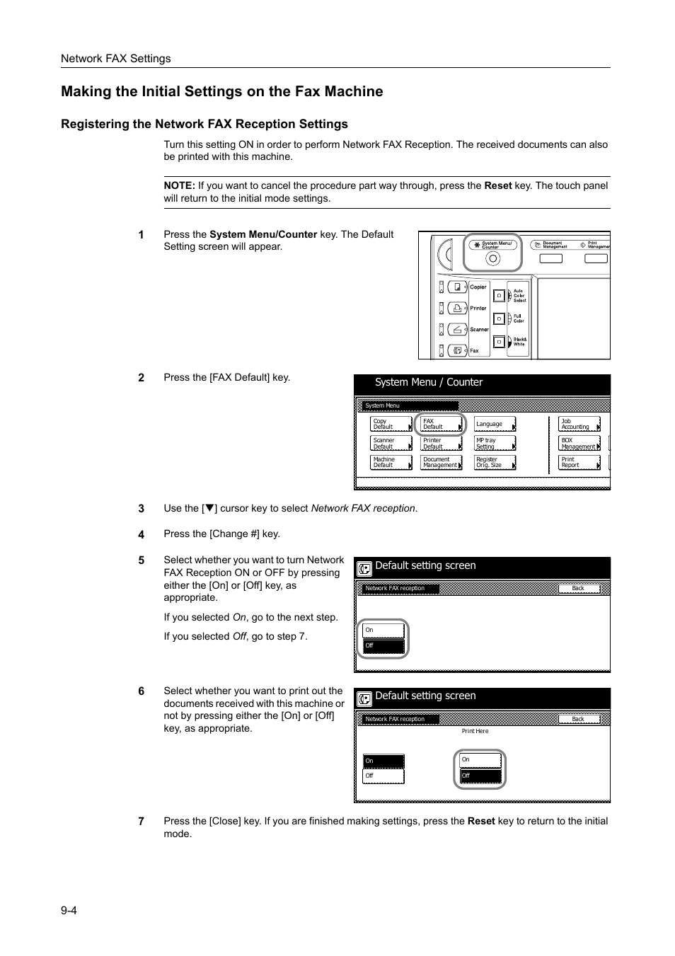 Making the initial settings on the fax machine, Registering the network fax reception settings, Making the initial settings on the fax machine -4 | Registering the network fax reception settings -4, Network fax settings 9-4 | TA Triumph-Adler DCC 2520 User Manual | Page 210 / 242