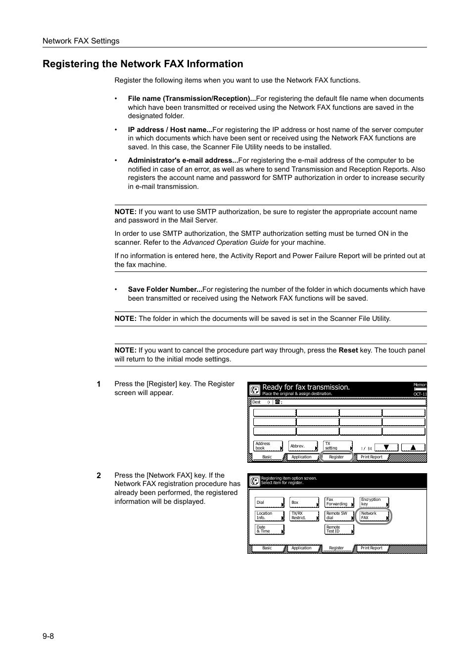 Registering the network fax information, Registering the network fax information -8, Network fax settings 9-8 | Ready for fax transmission | TA Triumph-Adler DCC 2520 User Manual | Page 214 / 242