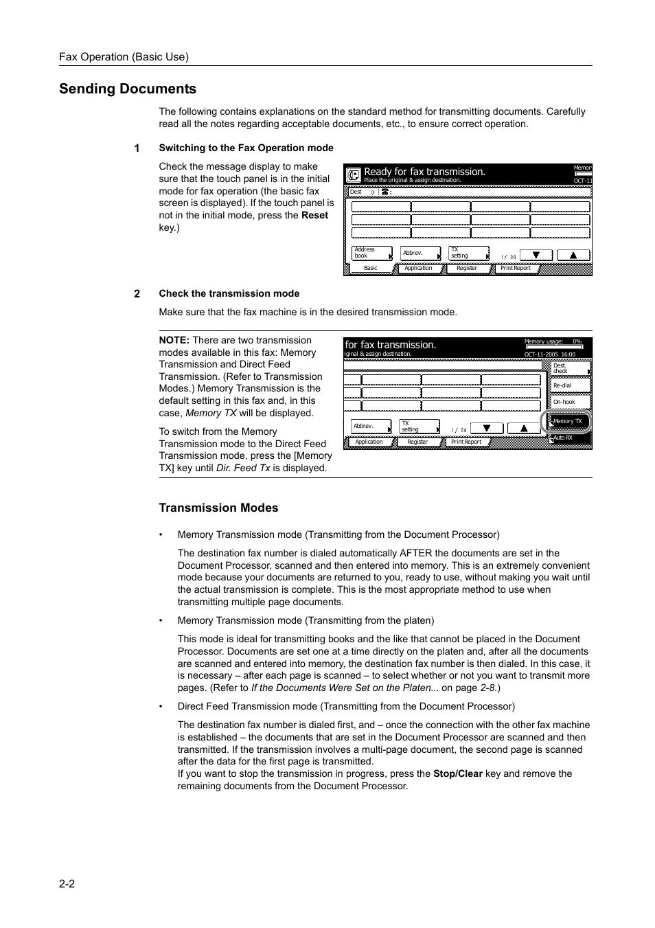 Sending documents, Sending documents -2, Transmission modes | Fax operation (basic use) 2-2 | TA Triumph-Adler DCC 2520 User Manual | Page 38 / 242