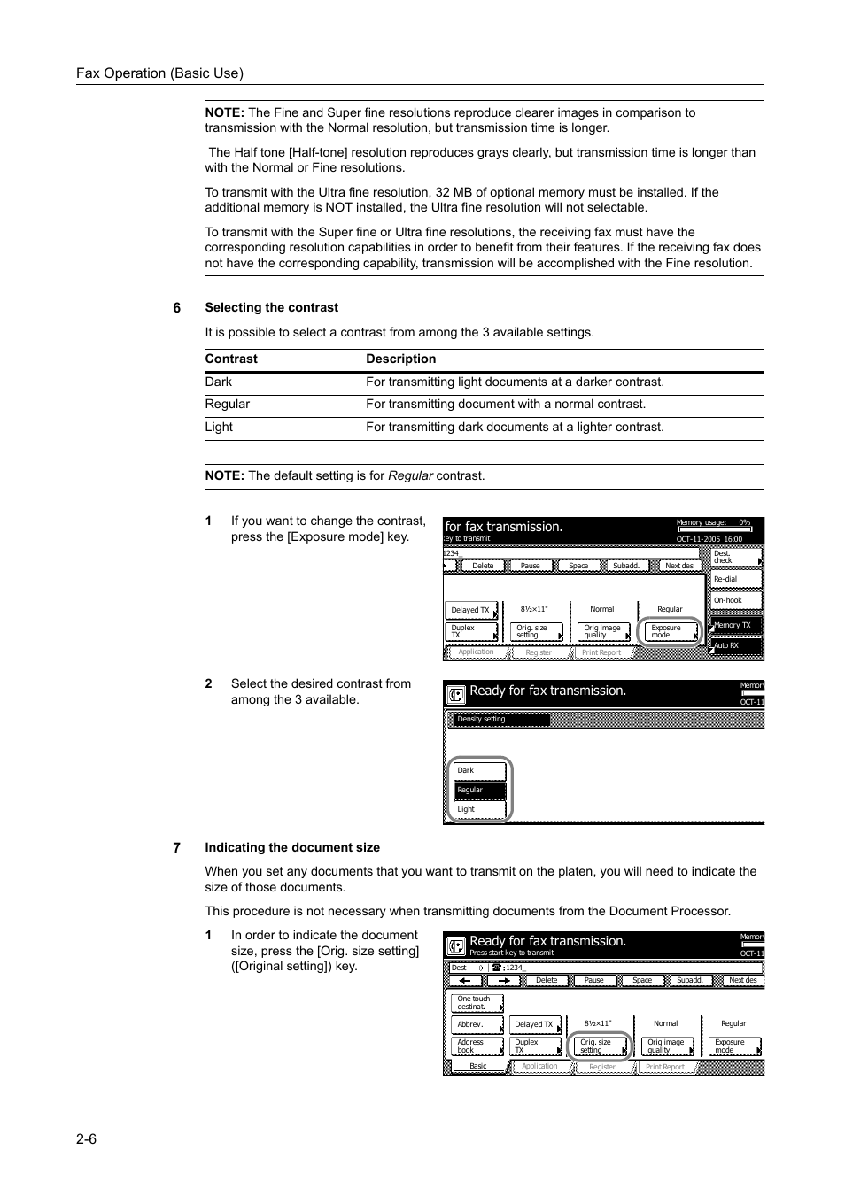 Fax operation (basic use) 2-6, For fax transmission, Ready for fax transmission | TA Triumph-Adler DCC 2520 User Manual | Page 42 / 242