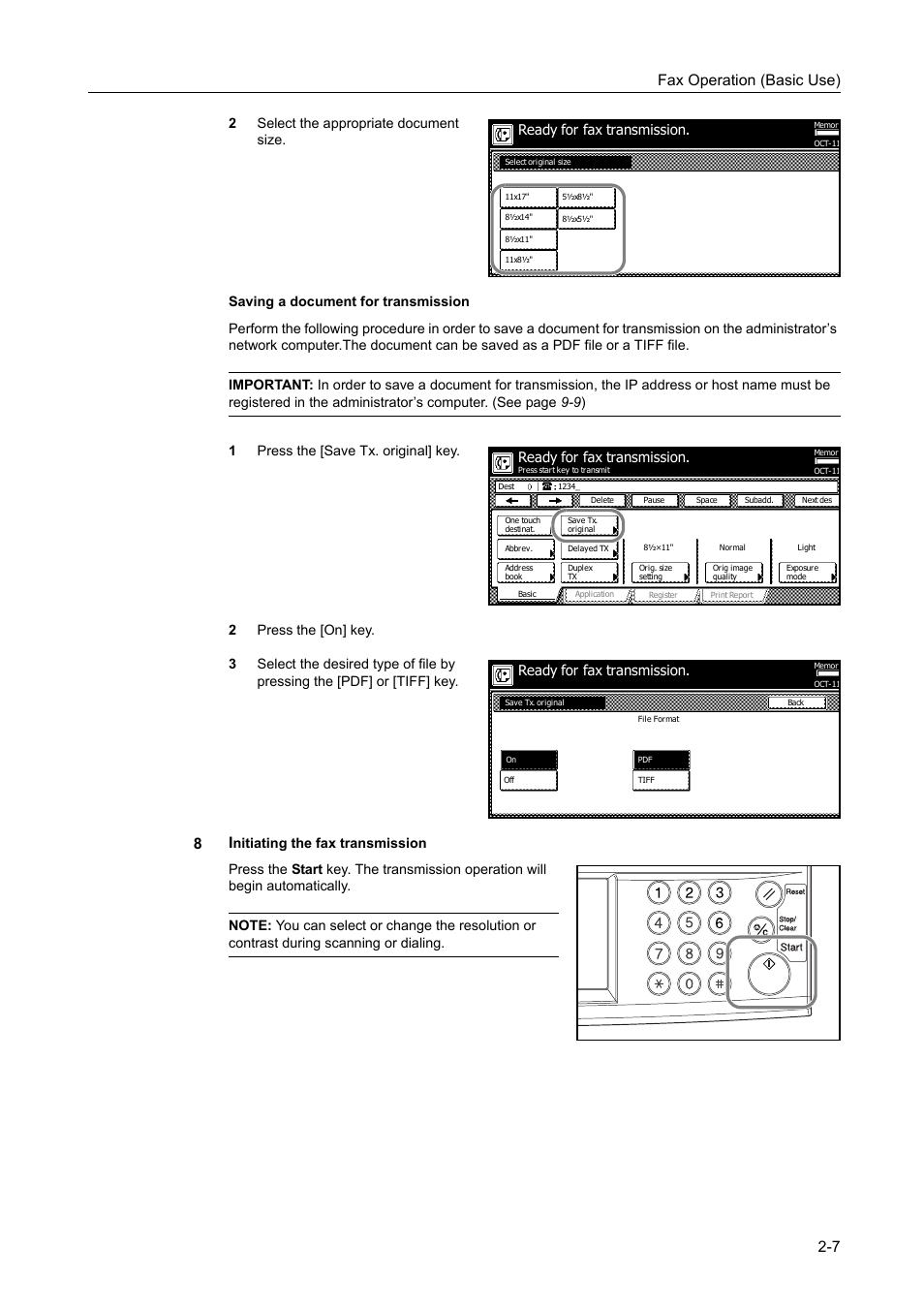 Fax operation (basic use) 2-7, Ready for fax transmission | TA Triumph-Adler DCC 2520 User Manual | Page 43 / 242