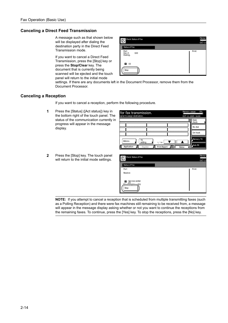 Canceling a direct feed transmission, Canceling a reception, Fax operation (basic use) 2-14 | For fax transmission | TA Triumph-Adler DCC 2520 User Manual | Page 50 / 242