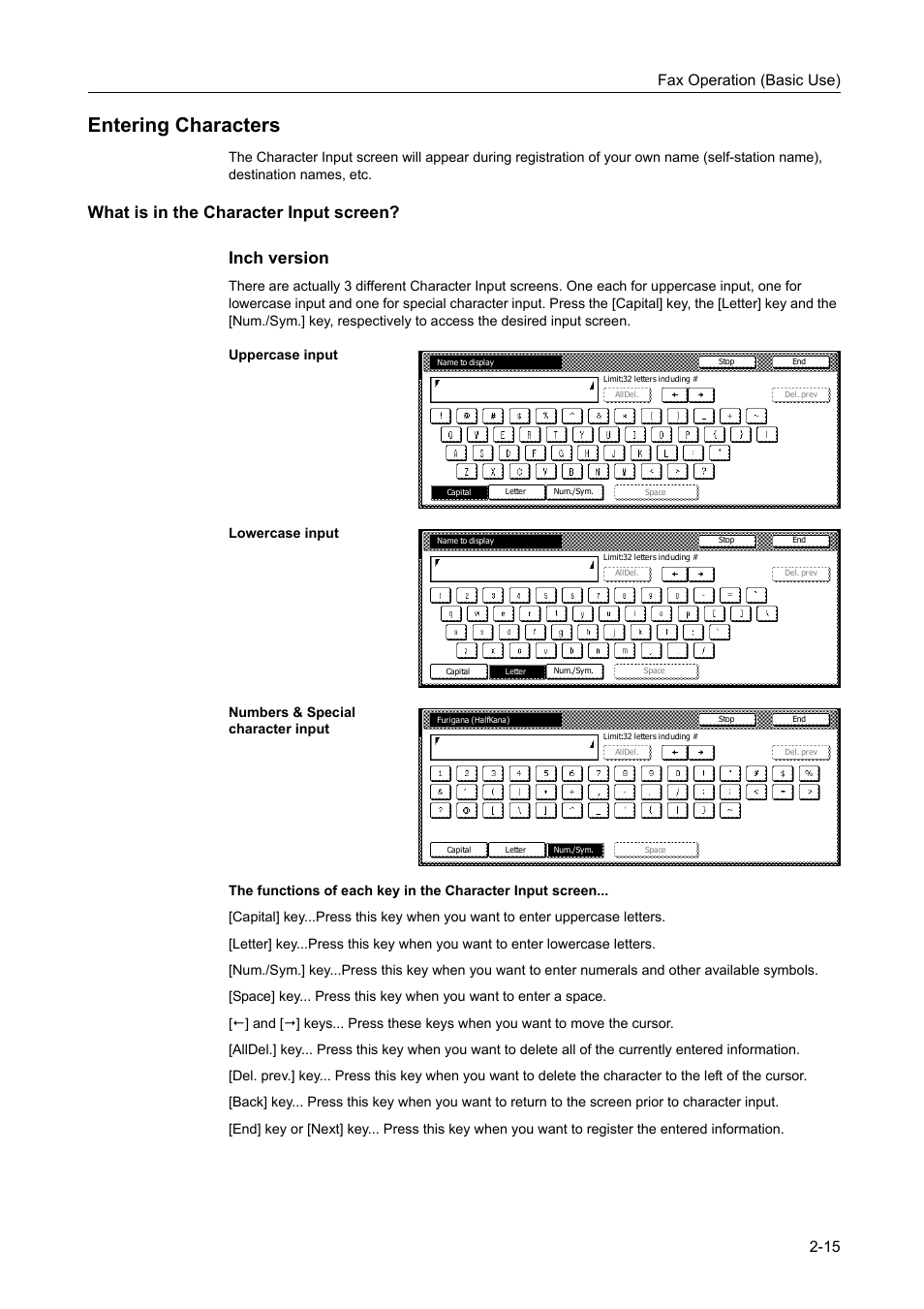 Entering characters, What is in the character input screen, Entering characters -15 | What is in the character input screen? -15, Fax operation (basic use) 2-15 | TA Triumph-Adler DCC 2520 User Manual | Page 51 / 242
