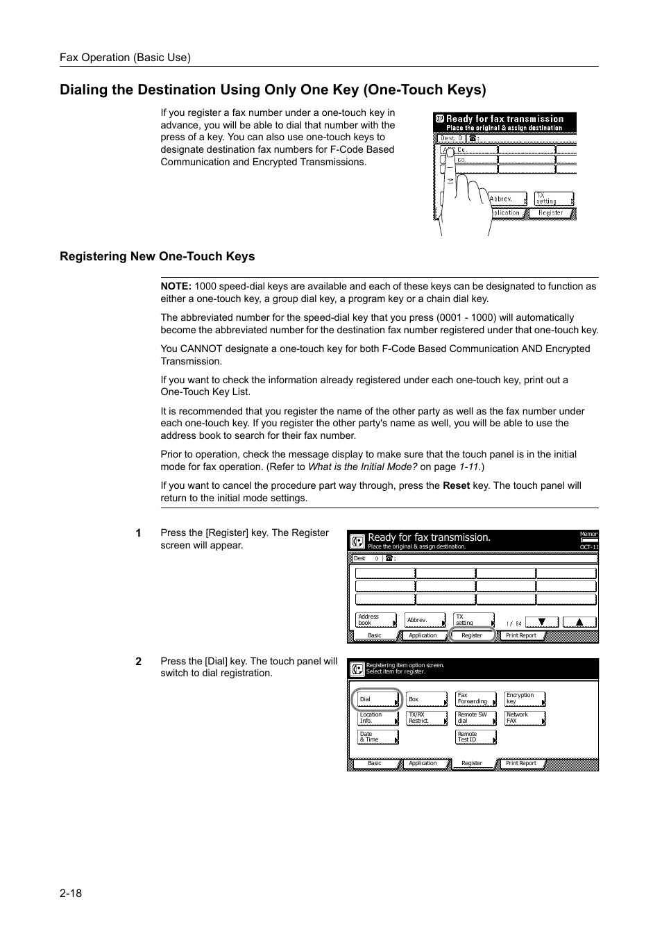 Registering new one-touch keys, Registering new one-touch keys -18, Fax operation (basic use) 2-18 | Ready for fax transmission | TA Triumph-Adler DCC 2520 User Manual | Page 54 / 242