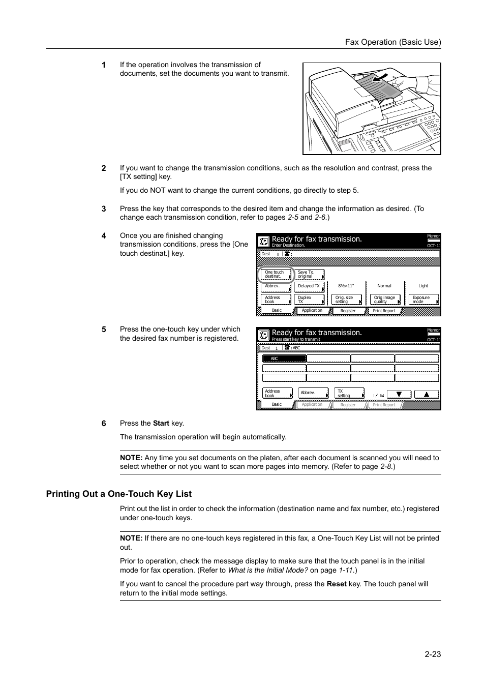 Printing out a one-touch key list, Printing out a one-touch key list -23, Fax operation (basic use) 2-23 1 | Ready for fax transmission | TA Triumph-Adler DCC 2520 User Manual | Page 59 / 242