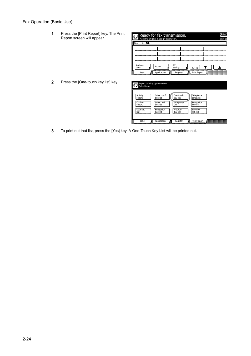 Fax operation (basic use) 2-24 1, Press the [one-touch key list] key, Ready for fax transmission | TA Triumph-Adler DCC 2520 User Manual | Page 60 / 242